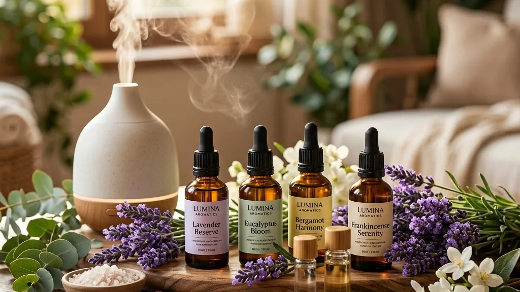 Ambiente de bienestar natural con frascos de aceites esenciales, bruma de difusor y lavanda fresca